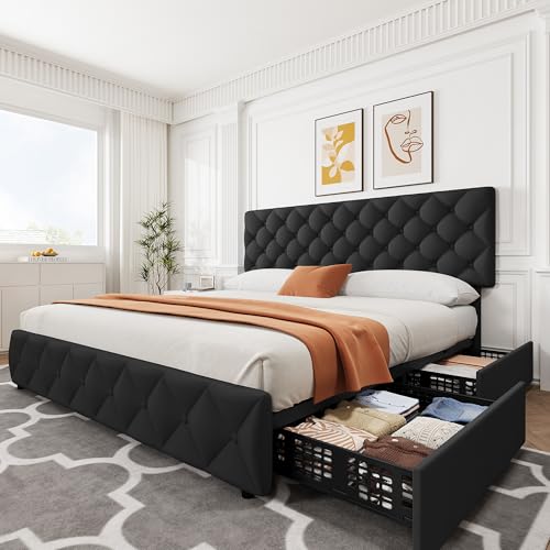 IDEALHOUSE Linen Fabric King Size Bed Frame with 4 Storage Drawers, Black | Upholstered Platform Bed Frame With Adjustable Headboard, Diamond Stitched Button Tufted, No Box Spring Needed - color: Black, size: King (U.S. Standard)