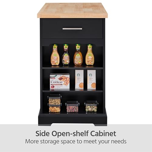 Yaheetech Rolling Kitchen Island Cart with 3 Drawers & Open Shelves, Black | Mobile Kitchen Island with Storage on Wheels with Adjustable Shelves, Thicke Rubberwood Top, for Dining Room/Living Room - color: Black