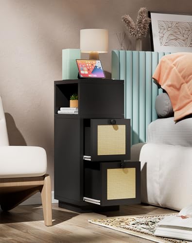 YMYNY Rattan Nightstands Set of 2, Boho Bedside Table with Open Shelf, 2 Drawers, 9.45" x 11.42" x 25.59", Narrow Side Table, Bedside Cabinet for Bedroom and Small Spaces, Black UHST017B-2 - color: Black