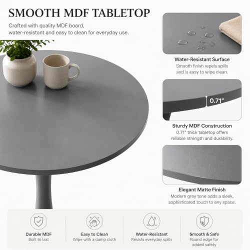 31.5" Grey Round Dining Table, Tulip Pedestal Dining Table for 2-4 | Small Space Dining Table with Grey MDF Round Top, Tulip Pedestal Base, Seats 2-4 for Apartments and Breakfast Nooks - color: Grey