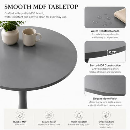 31.5" Grey Round Dining Table, Tulip Pedestal Dining Table for 2-4 | Small Space Dining Table with Grey MDF Round Top, Tulip Pedestal Base, Seats 2-4 for Apartments and Breakfast Nooks - color: Grey