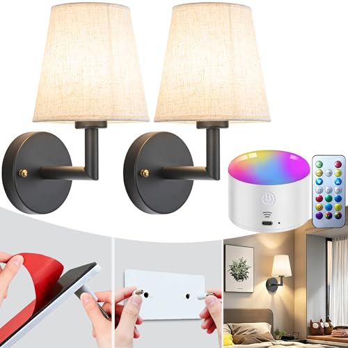 YHCDLAMP Peel and Stick Wall Sconces, No Drilling Stick On Wall Sconce, Wireless Battery Operated Wall Lights, Adhesive Wall Lamp with 10000mAh Battery Bulb for Bedroom Living Room Decor - color: Black-SetOfTwo
