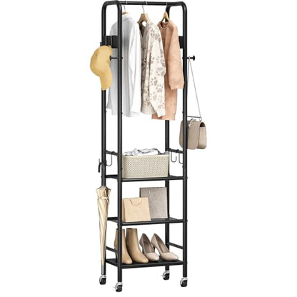 Coat Rack, Freestanding Coat Rack with 3 Shelves, Rolling Garment Rack with Wheels and Hooks, Coat Hanger Stand, Clothes Rack, Hanging Rod, for Entryway, Bedroom, Living Room, Black TYM17BB