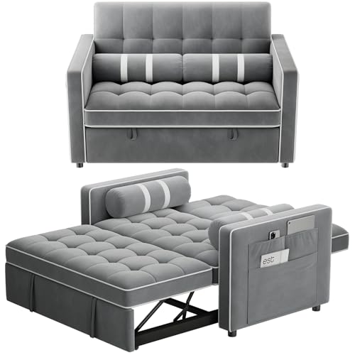 Marsail 3-in-1 Convertible Futon Sleeper Sofa Bed, Pull Out Couch with Adjustable Backrest, USB Charging & Side Pockets, Velvet Fabric Sofa for Living Room, Apartment, Loveseat, Grey - color: Grey
