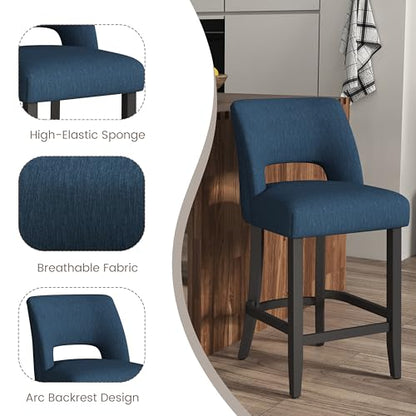 VKNOW Bar Stools Set of 2, 26" Upholstered Counter Height Bar Stools | Modern Counter Stools with Black Rubberwood Legs for Kitchen Island Dining Room Bar, Blue-Black Legs - color: Blue-black Legs, size: Set of 2