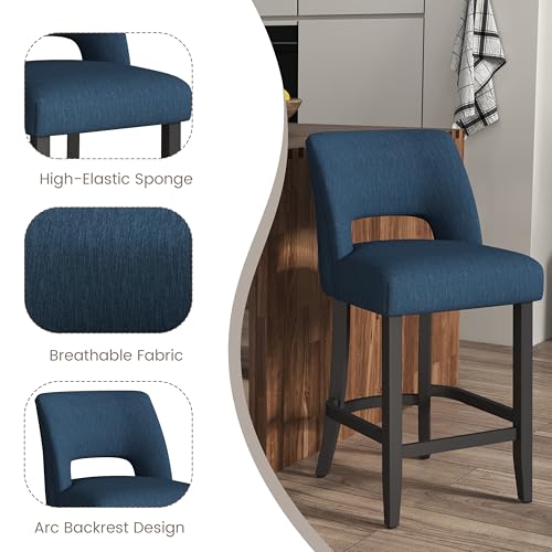 VKNOW Bar Stools Set of 4, 26" Upholstered Counter Height Bar Stools | Modern Counter Stools with Black Rubberwood Legs for Kitchen Island Dining Room Bar, Blue-Black Legs - color: Blue-black Legs, size: Set of 4
