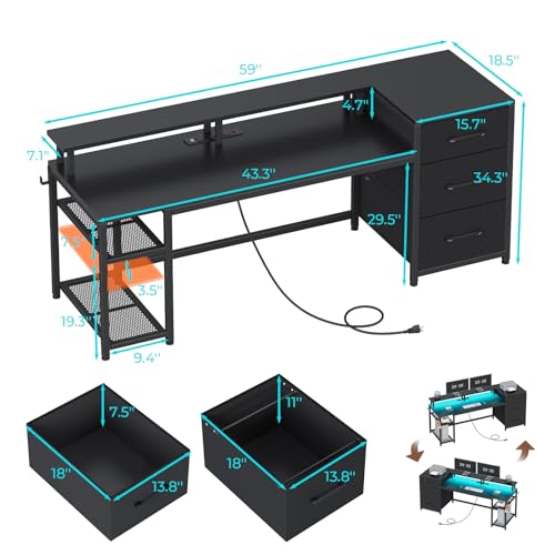 SEDETA 59" Office Desk with Drawers, Reversible Computer Desk with File Drawers & Storage, Gaming Desk with LED Lights & Power Outlet, Home Office Desks for Printer, Black - color: Black, size: 59"