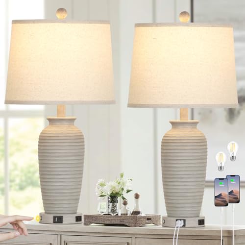 CINSARY 25" Farmhouse Jar Table Lamps Set of 2, 3 Way Touch Control Rustic Bedside Lamps with USB A+C Ports & AC Outlet, Pot Nightstand Lamps for Bedroom Living Room (LED Bulbs Included) - color: Light Gray