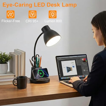 10W Wireless Charging LED Desk Lamp with Pen Holder, CRI 95, Black | 800LM, 3 Modes, 360°Flexible Arm, Touch, Brightness, Table Lamp for Home Office, Dorm, Bedside, Study, Reading, with Adapter - color: Black