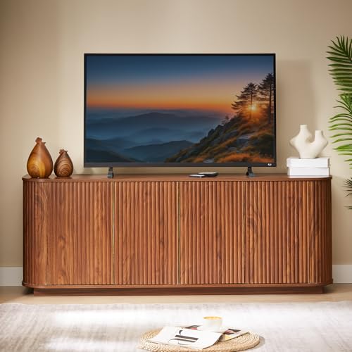 Fluted TV Stand for TVs Up to 75 Inch, Walnut Mid Century Modern TV Console for Living Room, Entertainment Center with Storage, Wood Media Console Cabinet - color: Walnut