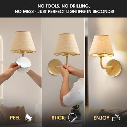 Set of Two Stick-On Hand Woven Wall Sconces, Battery Operated Wireless Wall Sconces with Remote Controlled, Adjustable Brightness Living Room Wall Decor(E26 Bulb Included) - size: Stick-on (2 Pack)