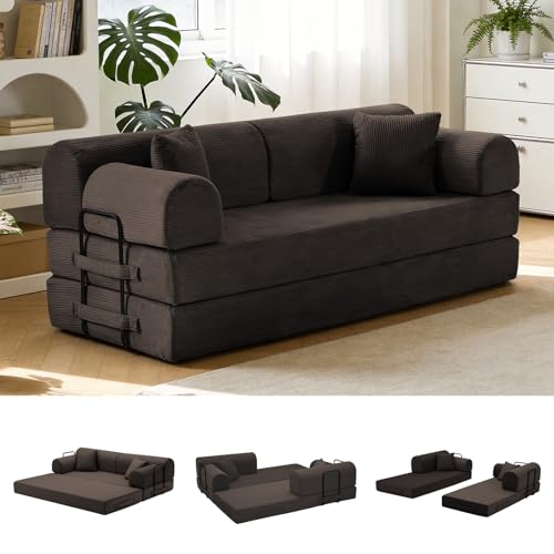 78.8" Convertible Sofa Bed with High Back,Boneless Couch for Living Room | Corduroy Memory Foam Boneless Couch, Sleeper Loveseat, High Back Support Futon Couch,2 Pillows, No Assembly,Brown - color: Brown, size: 79" High Backrest Sofa with Pillows