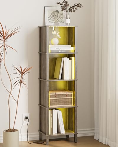 Book Shelf with LED Lights, Modern 4-Tier Bookcase, Open Storage Bookshelf, 11 × 14.2 × 50.4 Inches, Small Narrow Bookshelves for Living Room, Home Office, Bedroom, Gray - color: Grey