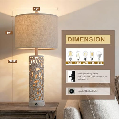2-in-1 Light Table Lamp Set of 2 for Living Room, 28.5" Farmhouse Bedside Lamps with USB Charging Port, Main&Night Light & Dual Switches, Nightstand Lamp for Bedroom Home Office(Bulb Included) - color: Retro Grey