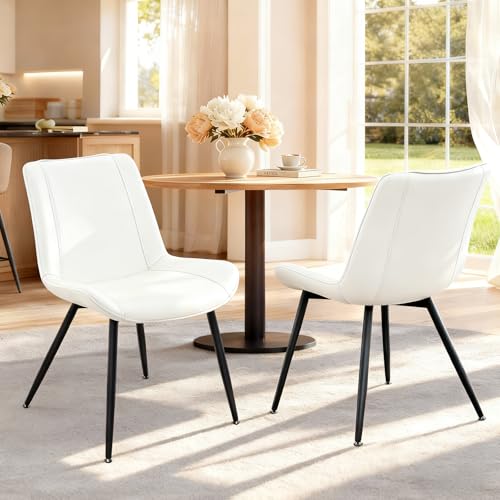 Dining Chairs Set of 2, PU Leather Armless with Metal Legs Pearl White | Fits Dining Rooms, Kitchens, Waiting room, Living rooms, Offices & Cafes, Easy to Clean Easy to assemble Adjustable Foot Pads - color: Pearl White