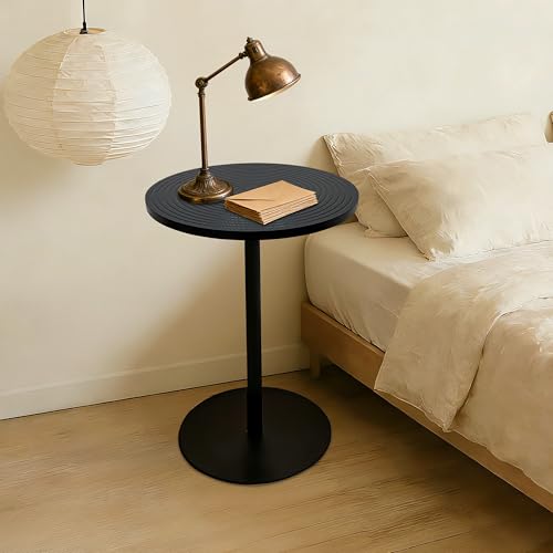 Concentric Circle Side Table Set of 2, Metal Pedestal | Nesting round tables, MDF concentric-pattern tops, metal pedestal bases, walnut brown & black