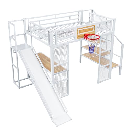 LUMISOL Full Size Loft Bed with Desk and Stairs, Heavy Duty Metal Loft Bed Frame with Storage Shelves and Basketball Hoop, Noise Free, No Box Spring Needed, White - color: White, size: Full with Slide