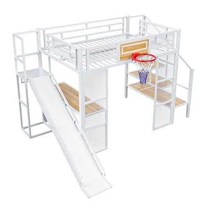 LUMISOL Full Size Loft Bed with Desk and Stairs, Heavy Duty Metal Loft Bed Frame with Storage Shelves and Basketball Hoop, Noise Free, No Box Spring Needed, White - color: White, size: Full with Slide