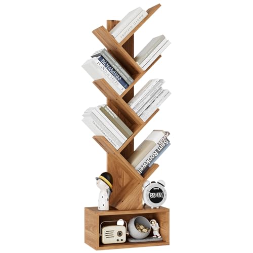 YMYNY 6 Tier Tree Bookshelf, Tall Bookcase, Wood Book Storage Rack with Drawer, Modern Floor Standing Book Shelf for Books/Movies/CDs, Utility Organizer for Living Room,Light Oak UHBC016K - color: Oak Color, size: 44.09" | 6-Tier with Drawer