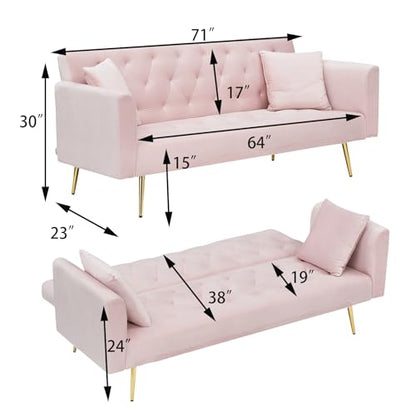 71" Modern Velvet Sofa Bed Futon, Convertible Sleeper Couch, Adj. Backrest | Tufted Recliner Loveseat Design with Golden Chrome Legs & 2 Pillows, Perfect for Small Spaces, Living Room, Apartment - color: Pink