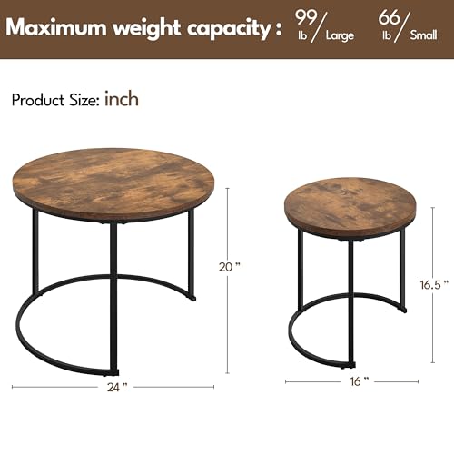 Yaheetech Small Round Nesting Coffee & Side Table Set of 2, Rustic Brown | Space-Saving Nesting Design, Engineered Wood Tops on Black Metal Frames, Use Apart as End Tables, Easy Assembly, 99 lb Max - color: Rustic Brown