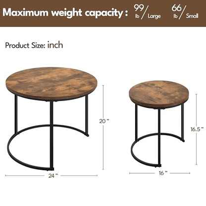 Yaheetech Small Round Nesting Coffee & Side Table Set of 2, Rustic Brown | Space-Saving Nesting Design, Engineered Wood Tops on Black Metal Frames, Use Apart as End Tables, Easy Assembly, 99 lb Max - color: Rustic Brown