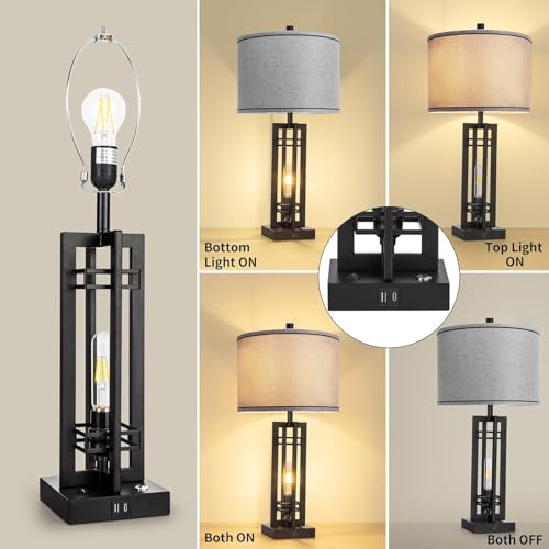 Set of 2 Farmhouse Table Lamps for Living Room,27-inch Bedside Lamps | Grey Shade Desk Lamps with USB A+C Ports, 3-Level Dimmable Touch Light, 4 LED Bulbs Included, Bedroom Home Office Nightstand - color: Gray