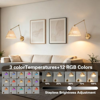 Rattan Battery Operated Wall Sconces Set of 2, Rechargeable Dimmable Wall Light with RGB Bulb and Remote, Adjustable Swing Arm Wall Light, Wireless Gold Bedside Light Fixture for Bedroom, Living Room - color: Gold