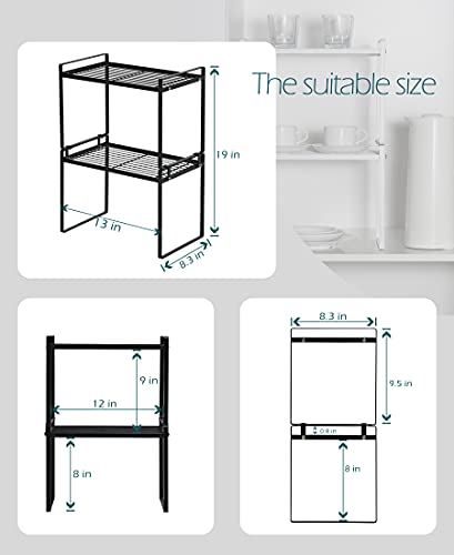 Shantton 2pk Kitchen Cabinet Shelf Counter Organizer Rack Pantry Storage Bathroom Bedroom Office Table Desk Space Saving Steel Frame Stackable Rust Resistant Non Slip Black-Tall-L13in W8.3in H9.5in | 2-Pack Stackable Metal Riser Holds 40LBS with Non-Slip