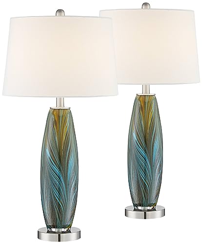 29 1/2" Tall Table Lamps Set of 2 Azure Glass Blue with Smart Sockets | Colors May Vary. Brown Modern Living Room Bedroom Bedside Nightstand House Office Home Family White Shade end - color: Blue Brown - Smart Sockets Included