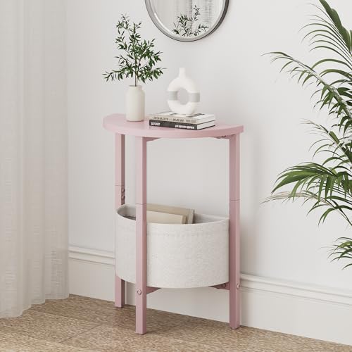 Small Round Side Table, Accent End Table with Storage Basket, Set of 2 Half Round Coffee Table End Table, Half Moon Bedside Table, Modern Nightstand Couch Table for Living Room Bedroom, Pink - color: Pink