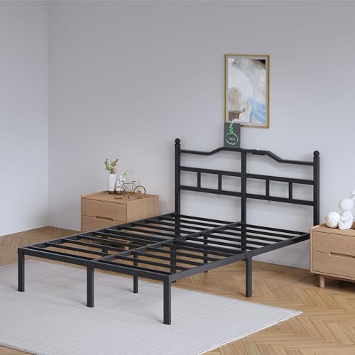 SHOANED 14 Inch Metal Bed Frame - Full Size Heavy Duty Bedframe with Charging Station & Headboard Basic Steel Slats Platform No Box Spring Needed/Easy Assembly/Noise Free - size: Full, style: 14 Inch with Charging Station