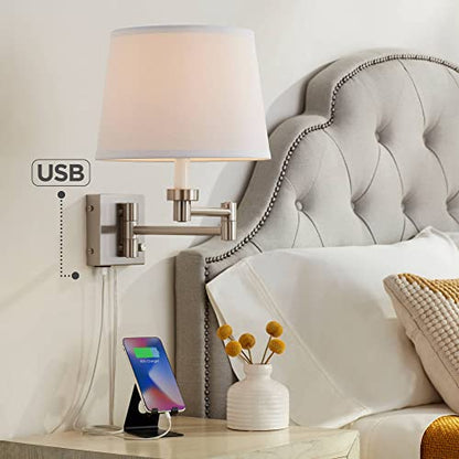 Vero Brushed Nickel Swing Arm Plug-In USB Wall Lamps Set of 2 Light Fixture | Modern Charging Port White Hardback Drum Shade for Bedroom Bedside Living Room Reading House
