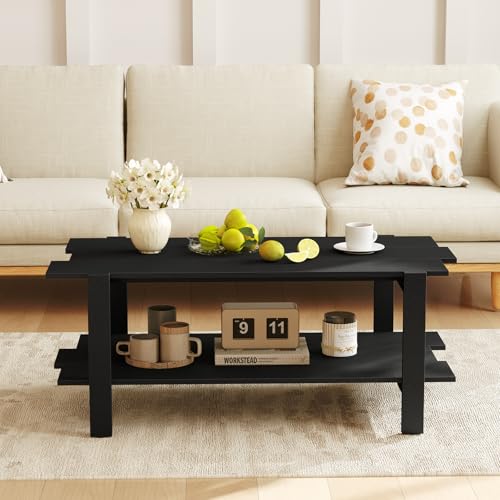 Giantex Coffee Table with Storage, 45 Inch Modern Center Table with Slatted Design & Side Rail Support, Rectangular Living Room Table for Small Spaces, Black - color: Black
