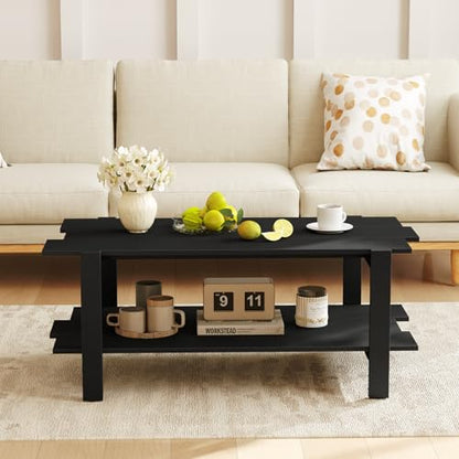 Giantex Coffee Table with Storage, 45 Inch Modern Center Table with Slatted Design & Side Rail Support, Rectangular Living Room Table for Small Spaces, Black - color: Black