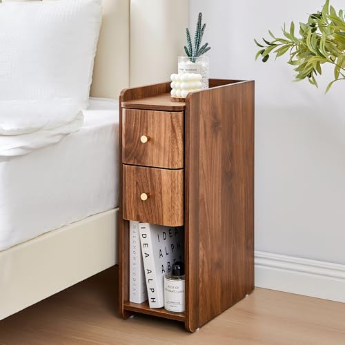 Narrow Nightstand Set of 2, Wooden Small 2 Drawer Nightstand, Slim Side End Table, Skinny Bedside Table, Mid Century Modern Night Stand with Drawers for Bedroom (Walnut-2 pcs) - color: Walnut-2 Pcs