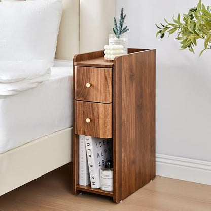 Narrow Nightstand Set of 2, Wooden Small 2 Drawer Nightstand, Slim Side End Table, Skinny Bedside Table, Mid Century Modern Night Stand with Drawers for Bedroom (Walnut-1 pc) - color: Walnut-1 Pc