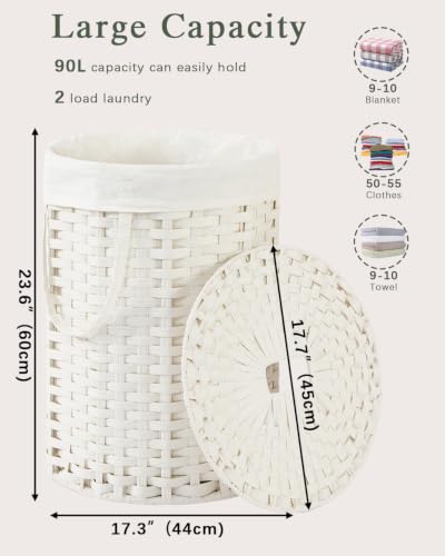 SETVSON Laundry Hamper with Lid Round Laundry Basket 23.8 Gal White | The lid hides dirty clothes, keeping spaces neat and fresh. 90 L Large Capacity, Stylish Design with Handles Easy Transport - color: White, size: 90 L