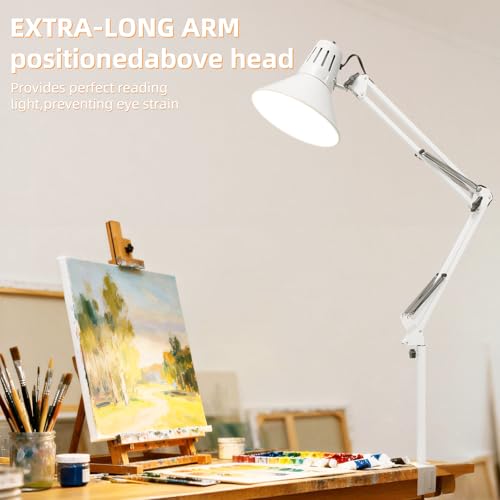 White Desk Lamp with Clamp, Extra-Tall Adjustable Metal Swing Arm, 3000K | Manicurist Table Lamp for Nail Work, Drafting, Sewing, Crafting, College Dorm and Home Office, A19 Bulb Included - color: White, size: 3000K Warm Light-Extra Long Swing Arm