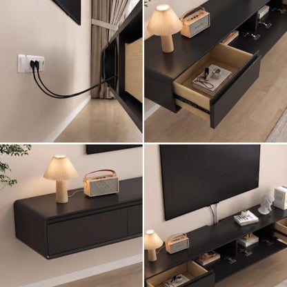 Floating TV Stand, Modern Wall-Mounted Entertainment Center with 2 Flip-Down Cabinet Doors 2 Drawers, Solid Wood Media Console (Black, 94.5") - color: Black, size: 94.5"