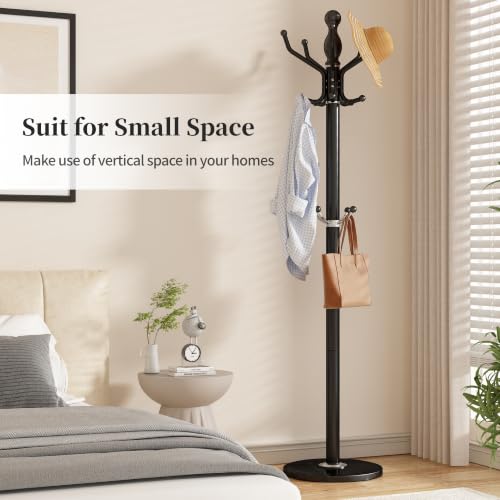 Metal Coat Rack Stand Coat Rack Freestanding with 360° Rotary,Black | Modern Coat Rack with 360° Rotary Design Sturdy Heavy Duty Hall Tree Hats Hanger Holder Stand 14 Hooks for Hallway Office - color: Black with Rotatable Hooks