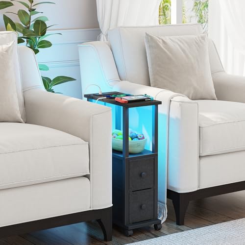 TUTOTAK Small Narrow End Tables, LED Side Tables with 2 Fabric Drawers, Set of 2, Bedside Tables with Charging Station for Small Spaces, Slim Nightstands with USB Ports and Wheels, TB01BK053L - color: Black, style: with LED Light & Outlets
