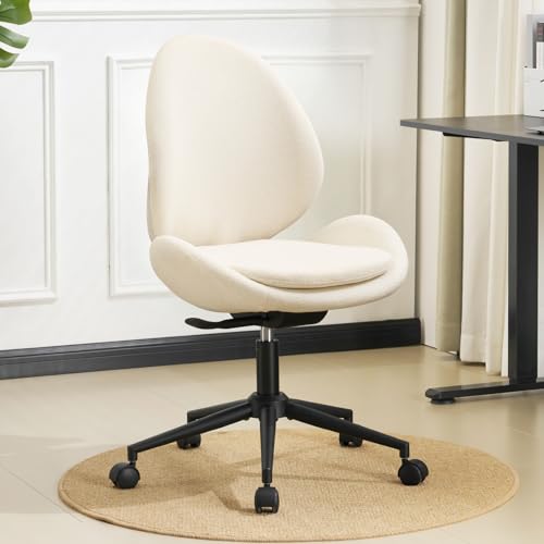 Armless Office Chair with Wheels, Luxury Chenille Swivel Desk Chair with Ergonomic Curved Teardrop Back, Double-Layer Seat, Modern Vanity Chair for Makeup, Home Office, Cream White - color: Cream White, size: Teardrop Back