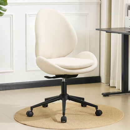 Armless Office Chair with Wheels, Luxury Chenille Swivel Desk Chair with Ergonomic Curved Teardrop Back, Double-Layer Seat, Modern Vanity Chair for Makeup, Home Office, Cream White - color: Cream White, size: Teardrop Back