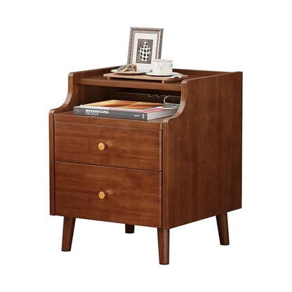 Nightstand with Drawers, 15.7" Solid Wood Side Table for Bedroom, Modern Bedside Table with Pull-Out Tray & Cable Management, Walnut - color: Walnut, size: 16"