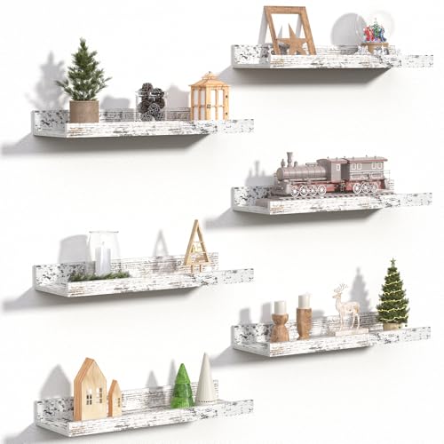 upsimples Floating Shelves for Wall Decor Storage Rustic White,6Pcs 15.7'' | Wall Mounted Wood Shelves for Living Room, Bedroom, Bathroom, Kitchen, Office, Laundry Room Display and Organize - color: Rustic White, size: 15.7in