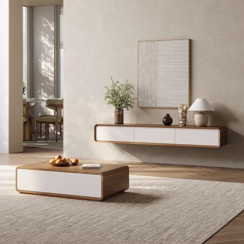 POVISON Fully-Assembled Minimalist Floating TV Stand, Modern Wall-Mounted Entertainment Center with 3 Flip-Down Cabinet Doors, Solid Wood Media Console, Walnut & White, 70.87" - color: Walnut & White, size: 70.87"