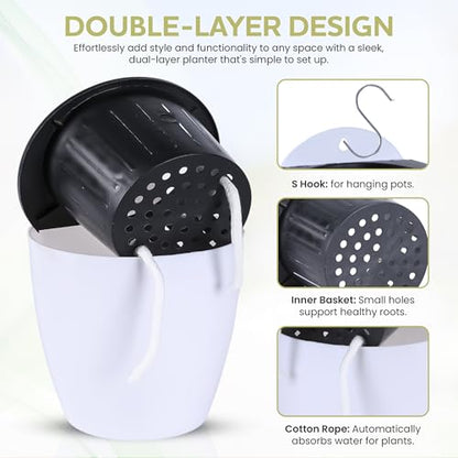 Self Watering Wall Mounted Planters | Set of 3 White Indoor/Outdoor Hanging Planter with Double Layer Design & Flat Backed for Mounting | Effortless Plant Care & Stylish Wall Pots.