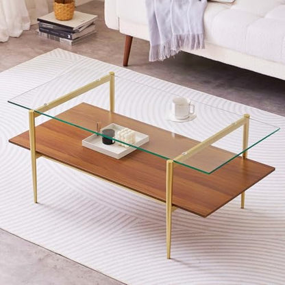 LumFurn Rectangle Coffee Table, Mid-Century Modern Design, L41 W21 x H17, for Living Room, 2-Tier Structure, Clear Glass Top and Walnut MDF Shelf, Sleek Conical Metal Legs with Gold Finish - color: L41" Clear & Walnut
