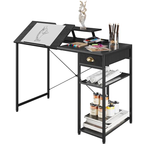 X-cosrack Drafting Table with Storage Shelves & Drawer, 43" Adjustable Art Desk with Monitor Stand for Home Office Computer, Tiltable Draft Drawing Table for Artist, Study, Writing Workstation, Black - color: Black